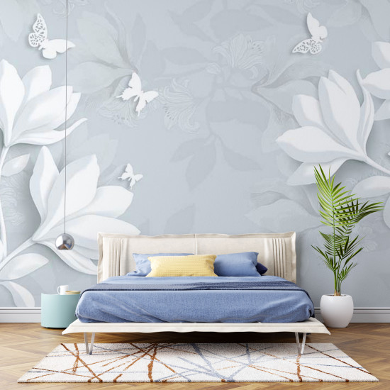 Fototapet White Butterfly and Flowers