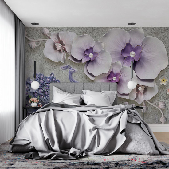 Fototapet Large Light Purple Flowers with Pearls