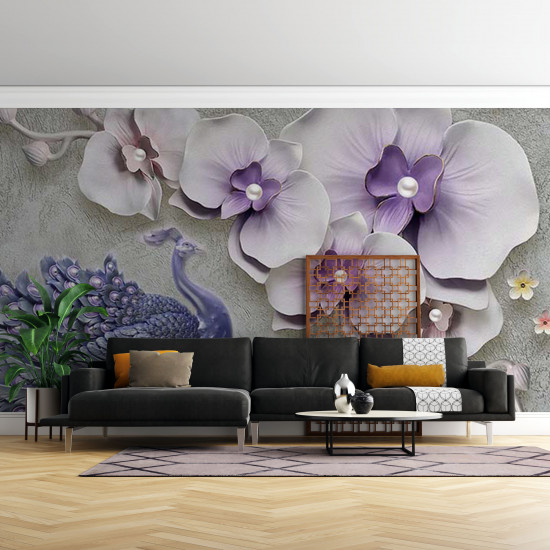 Fototapet Large Light Purple Flowers with Pearls