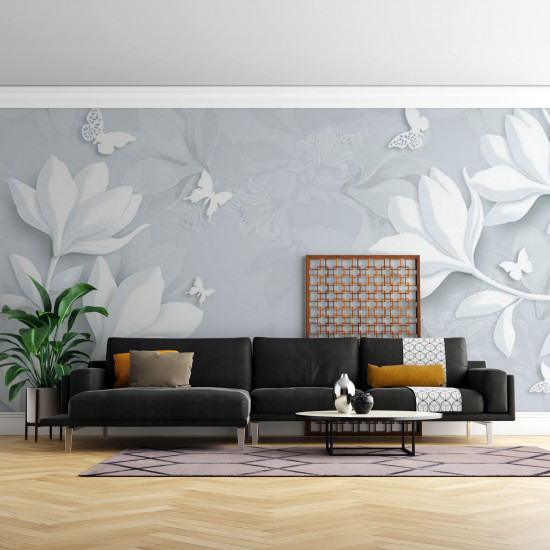 Fototapet White Butterfly and Flowers