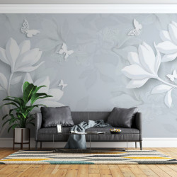 Fototapet White Butterfly and Flowers