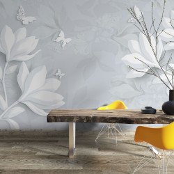 Fototapet White Butterfly and Flowers