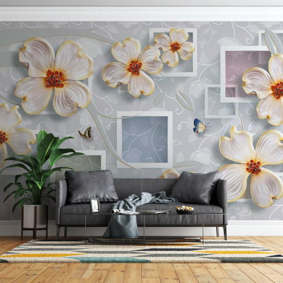 Fototapet White Frames Large White Abstract Flowers