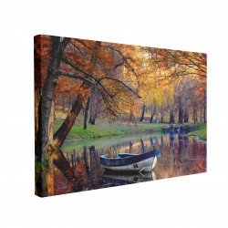 Tablou Canvas Old Boat in Pond with Fall Trees