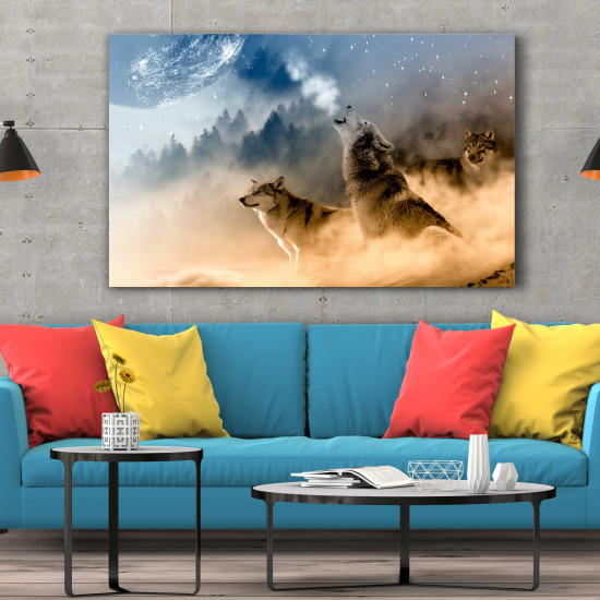 Tablou Canvas Wolves Howling at the Moon