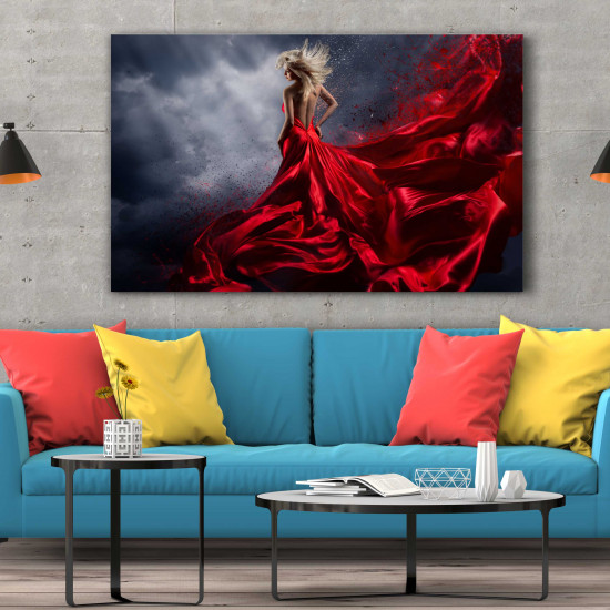 Tablou Canvas Woman in Red Dress Dance over Storm Sky