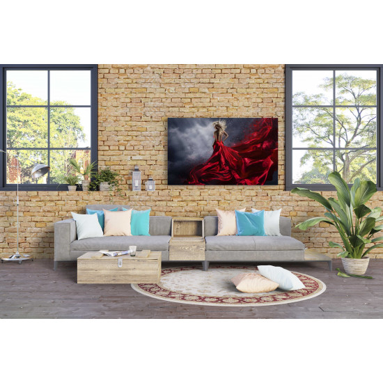 Tablou Canvas Woman in Red Dress Dance over Storm Sky