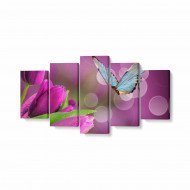 Tablou MultiCanvas 5 piese Butterfly and Purple Tulips