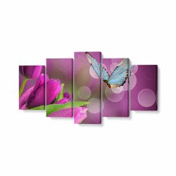 Tablou MultiCanvas 5 piese Butterfly and Purple Tulips