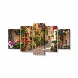 Tablou MultiCanvas 5 piese Medieval Alley with Flowers in Spello