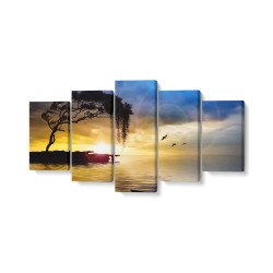 Tablou MultiCanvas 5 piese Tree, Boat and Sea Painting