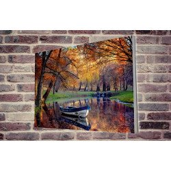 Tablou Forex Old Boat in Pond with Fall Trees