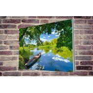 Tablou Forex Sky Clouds, River, Boat, Green Trees