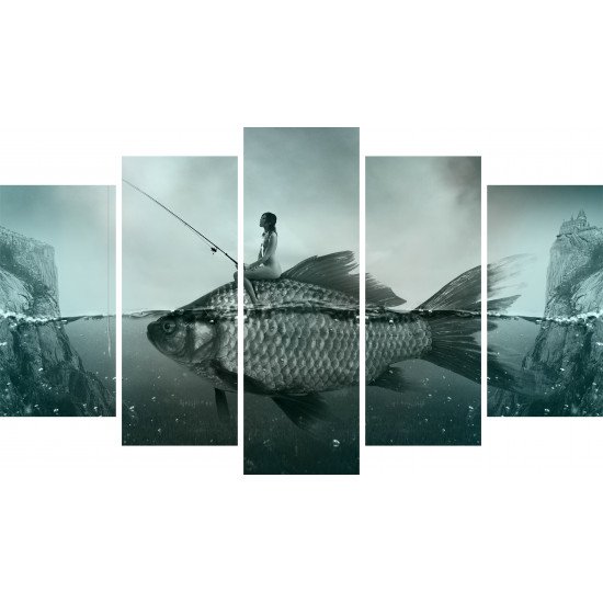 Tablou Forex 5 piese Artistic Fish with Woman Fishing
