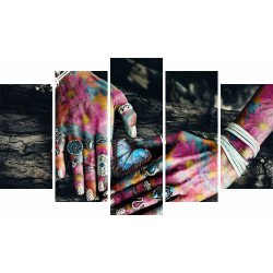 Tablou Forex 5 piese Colorful Hands on Tree Surface