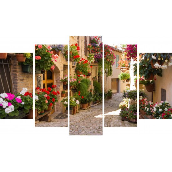 Tablou Forex 5 piese Medieval Alley with Flowers in Spello