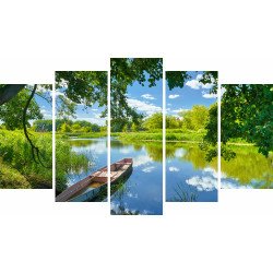 Tablou Forex 5 piese Sky Clouds, River, Boat, Green Trees