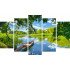 Tablou Forex 5 piese Sky Clouds, River, Boat, Green Trees