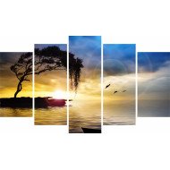 Tablou Forex 5 piese Tree, Boat and Sea Painting